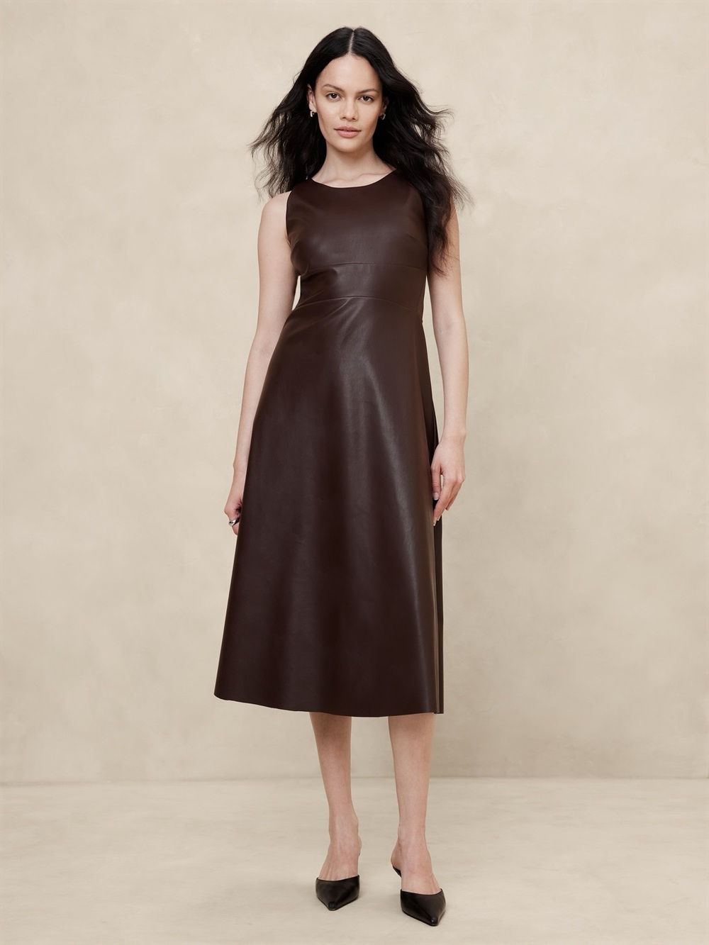 banana republic VEGAN LEATHER PANELED MIDI DRESS size 6 chocolate brown